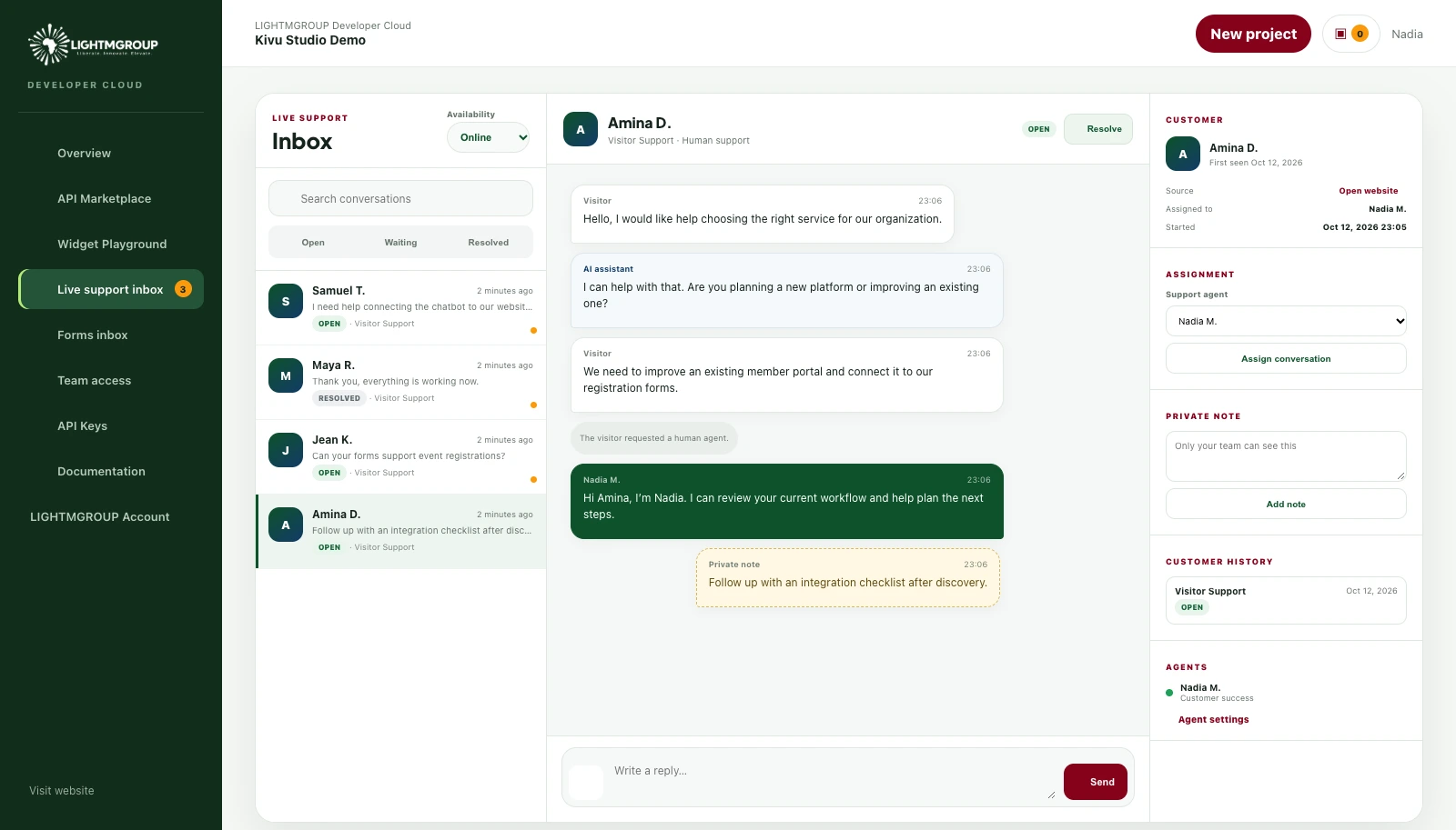 An anonymized LIGHTMGROUP Developer Cloud live support inbox with conversation list, active chat and customer context panels